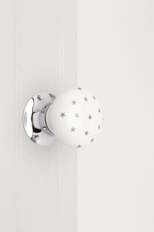 G Decor The Little Stars Collection – White Ceramic Mortice Door Knob Set With Grey Stars And Chrome Base For Interior Room Doors White