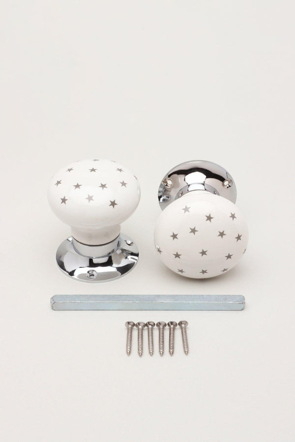 G Decor The Little Stars Collection – White Ceramic Mortice Door Knob Set With Grey Stars And Chrome Base For Interior Room Doors White