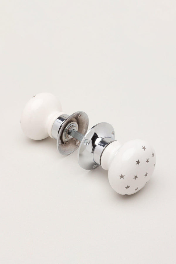 G Decor The Little Stars Collection – White Ceramic Mortice Door Knob Set With Grey Stars And Chrome Base For Interior Room Doors White