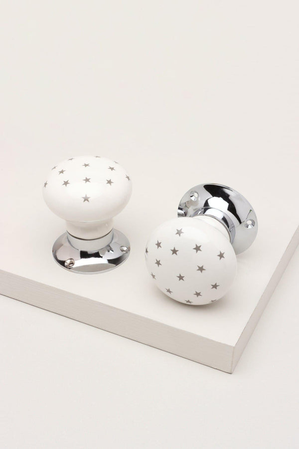 g decor The Little Stars Collection – White Ceramic Mortice Door Knob Set with Grey Stars and Chrome Base for Interior Room Doors White