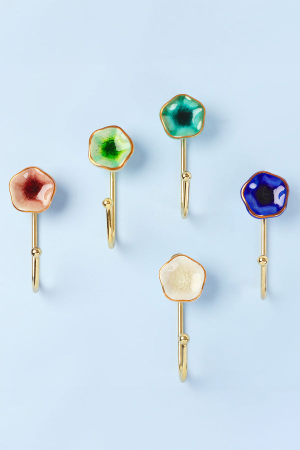 G Decor Tiffity Handmade & Hand-Painted Ceramic Wall Hook Crackle Glaze With Brass Detail Blue