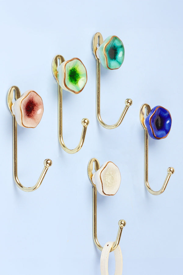 g decor Tiffity Handmade & Hand-Painted Ceramic Wall Hook Crackle Glaze with Brass Detail Blue