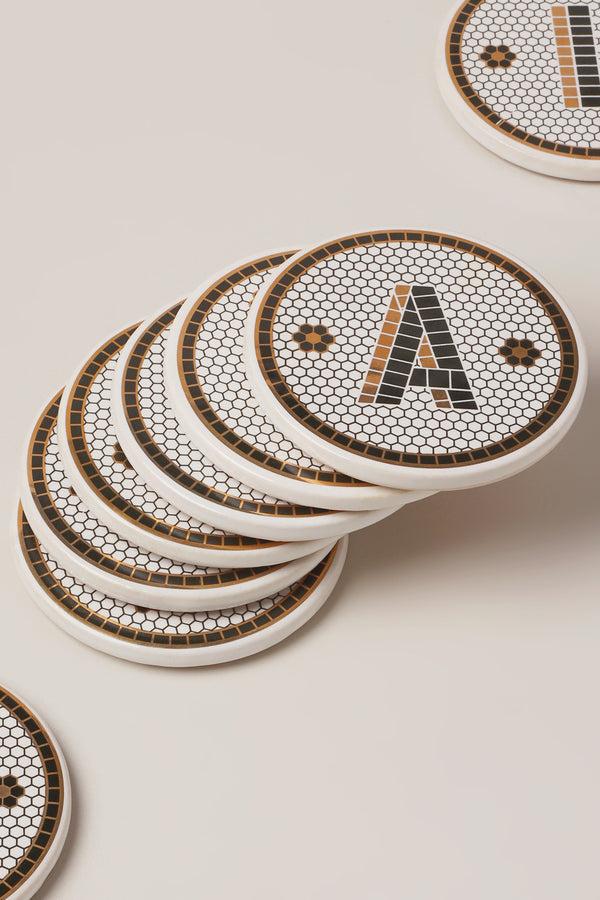 G Decor Traditional British Pub Black & Gold Tile Monogram Coasters Alphabet Initial Edition