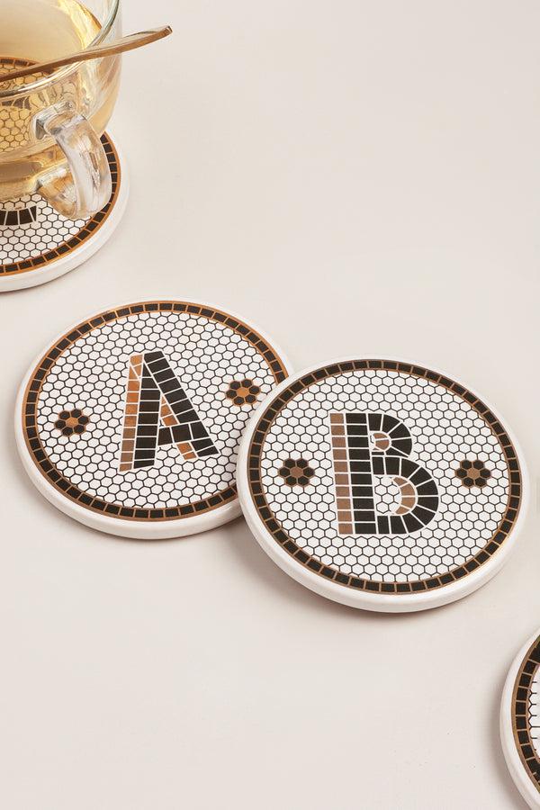 g decor Traditional British Pub Black & Gold Tile Monogram Coasters Alphabet Initial Edition