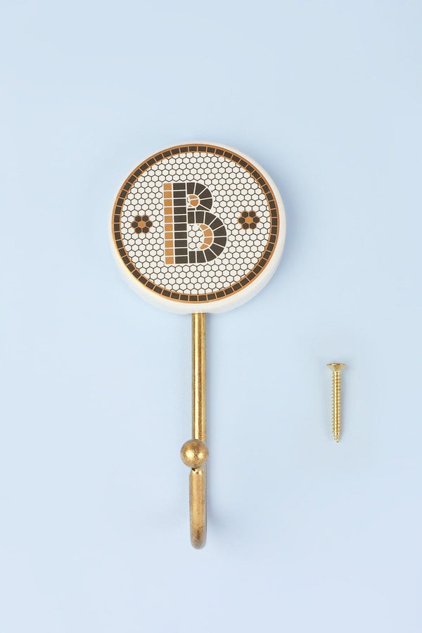 G Decor Traditional British Pub Tile Monogram Wall Hook Black & Gold Alphabet Initial Hook