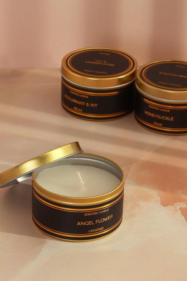 G Decor Tranquessence Mood Scented Large Candle Collection Black & Gold Tin Candle In Angel Flower Honeysuckle Or Blackcurrant & Ivy Angel Flower
