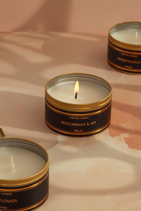 G Decor Tranquessence Mood Scented Large Candle Collection Black & Gold Tin Candle In Angel Flower Honeysuckle Or Blackcurrant & Ivy Angel Flower