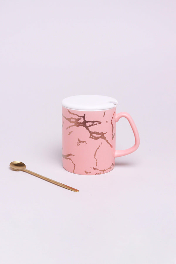 G Decor Trendy Eleonora Gold Marble Mug Ceramic Cup With Lid & Spoon Pink