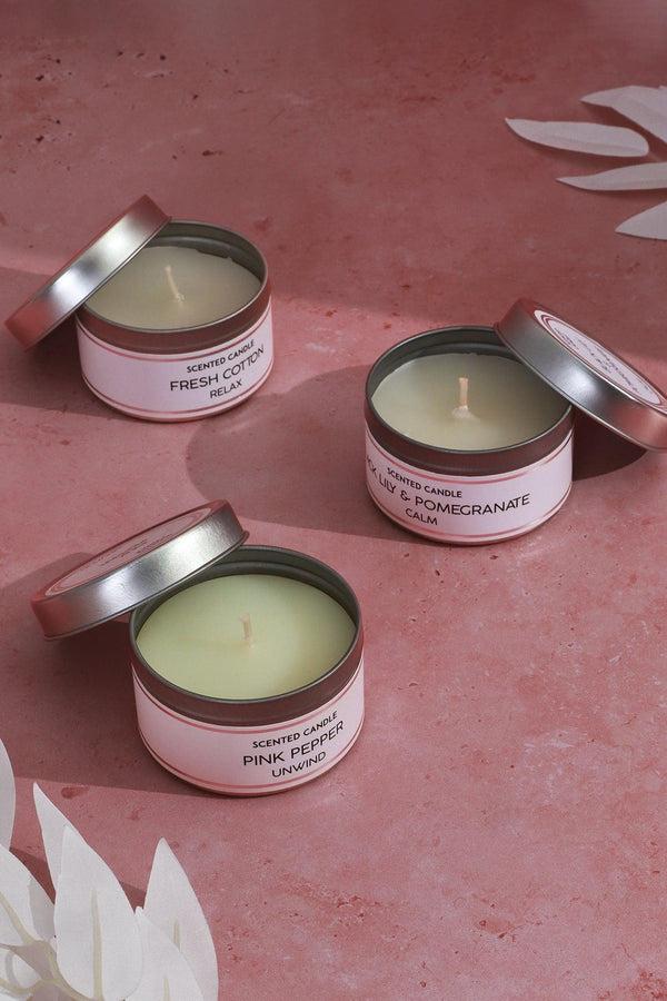 G Decor Trio Serenity Set Of 3 Scented White Tin Candles Fresh Cotton Pink Pepper & Black Lily With Aromatherapy Scents White
