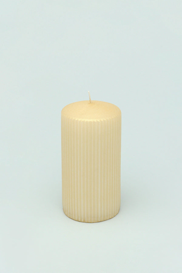 G Decor Vellure Sandstone Yellow Ribbed Pillar Candle Warm Accent Stylish Modern Spaces Statement Small