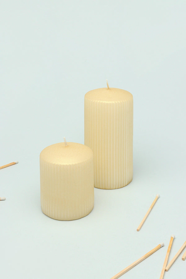 g decor Vellure Sandstone Yellow Ribbed Pillar Candle Warm Accent Stylish Modern Spaces Statement Small