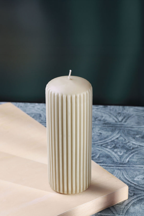 G Decor Velluto Bianco Sculpted Cream Ribbed Pillar Candle In A Velvet Matte Finish Small