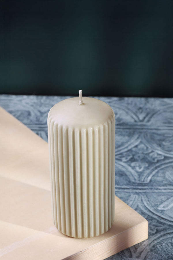 G Decor Velluto Bianco Sculpted Cream Ribbed Pillar Candle In A Velvet Matte Finish Small