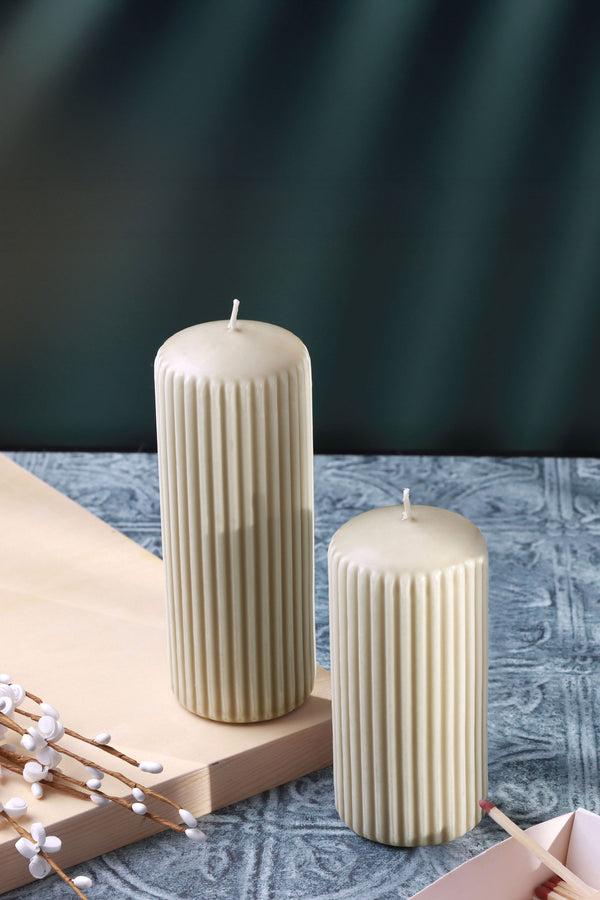 g decor Velluto Bianco Sculpted Cream Ribbed Pillar Candle in a Velvet Matte Finish Small