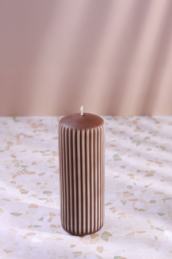 G Decor Velluto Caffè Sculpted Coffee-Toned Ribbed Pillar Candle In A Velvet Matte Finish Small