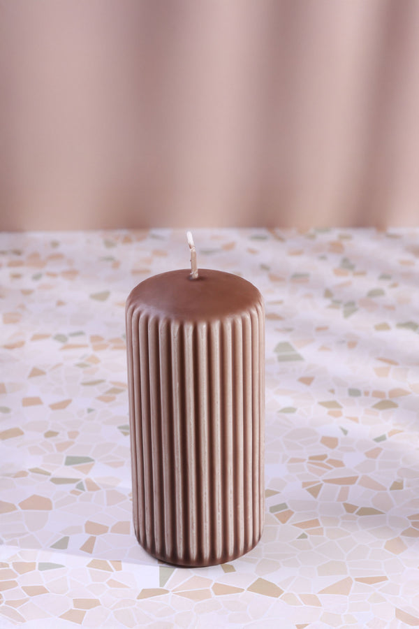 G Decor Velluto Caffè Sculpted Coffee-Toned Ribbed Pillar Candle In A Velvet Matte Finish Small
