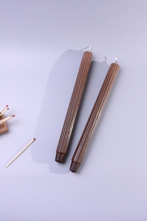 G Decor Velluto Marrone Set Of 2 Extra Tall Dinner & Taper Candles In Dark Chocolate Brown With Ribbed Velvet Matte Finish Set Of 2