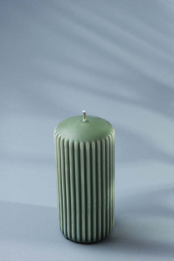 G Decor Velluto Oliva Sculpted Olive Green Ribbed Pillar Candle In A Velvet Matte Finish Small