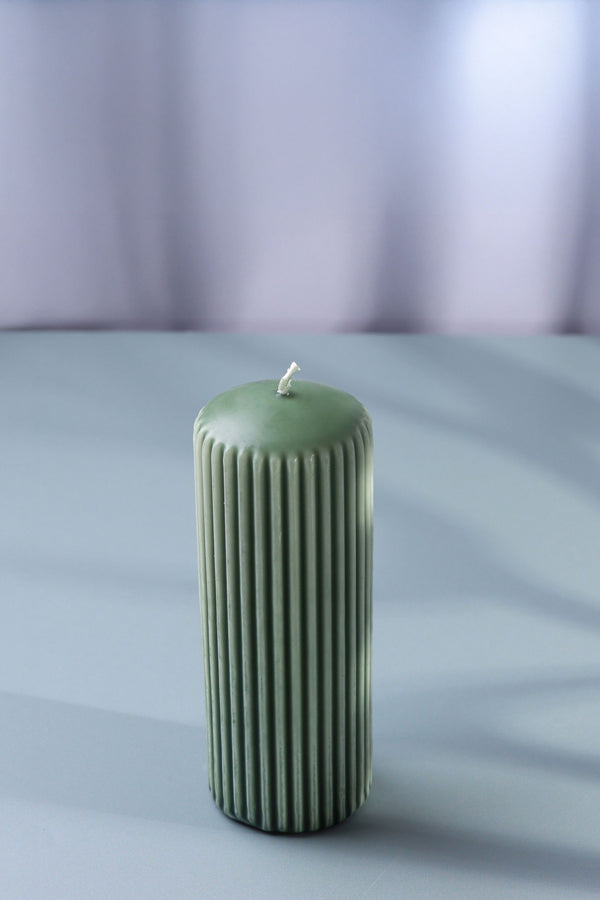 G Decor Velluto Oliva Sculpted Olive Green Ribbed Pillar Candle In A Velvet Matte Finish Small