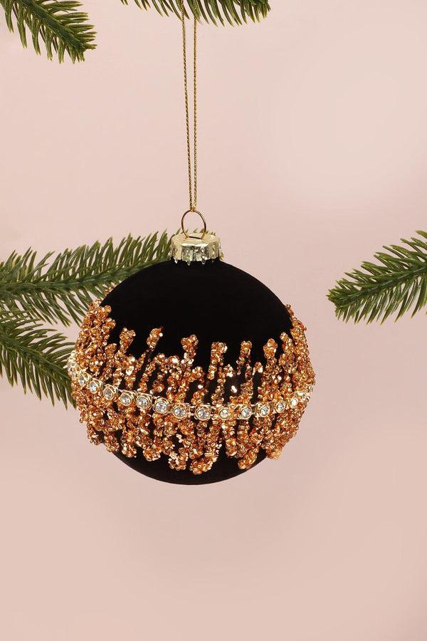 G Decor Velvet Black Manor Winter Legend Bauble Gold Net Hand-Applied & Gemstone Hanging Christmas Ornament Black
