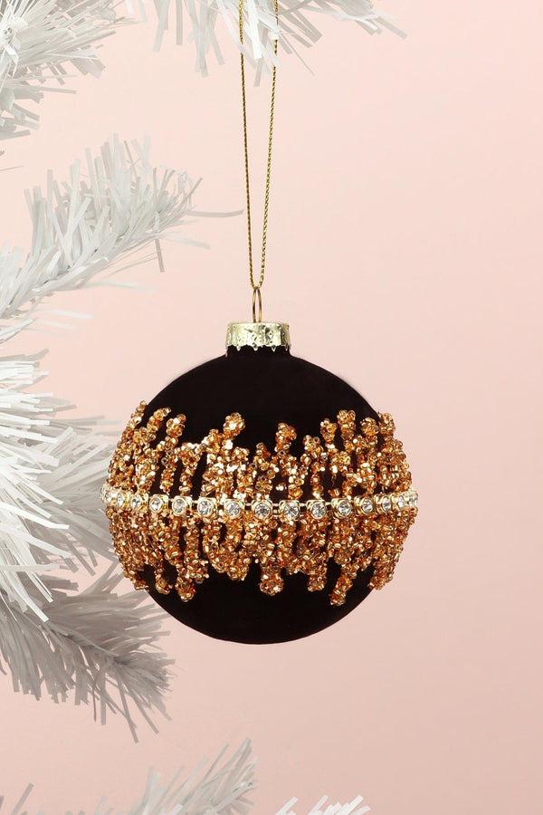 g decor Velvet Black Manor Winter Legend Bauble Gold Net Hand-Applied & Gemstone Hanging Christmas Ornament Black