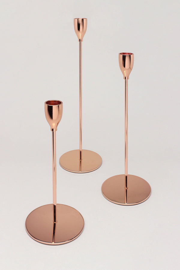 g decor Verro Set of 3 Modern Rose Gold Stainless Steel Candle Holders Sleek Weighted Dinner Candlesticks Rose Gold