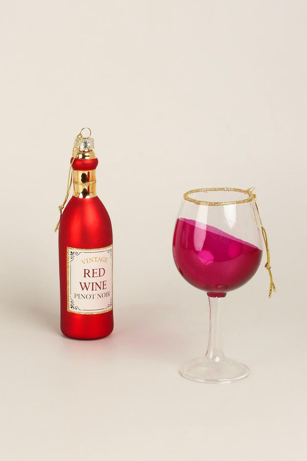 G Decor Vino Celebration Set Of Red Wine Bottle & Glass Christmas Tree Decorations Festive Hanging Ornaments Red