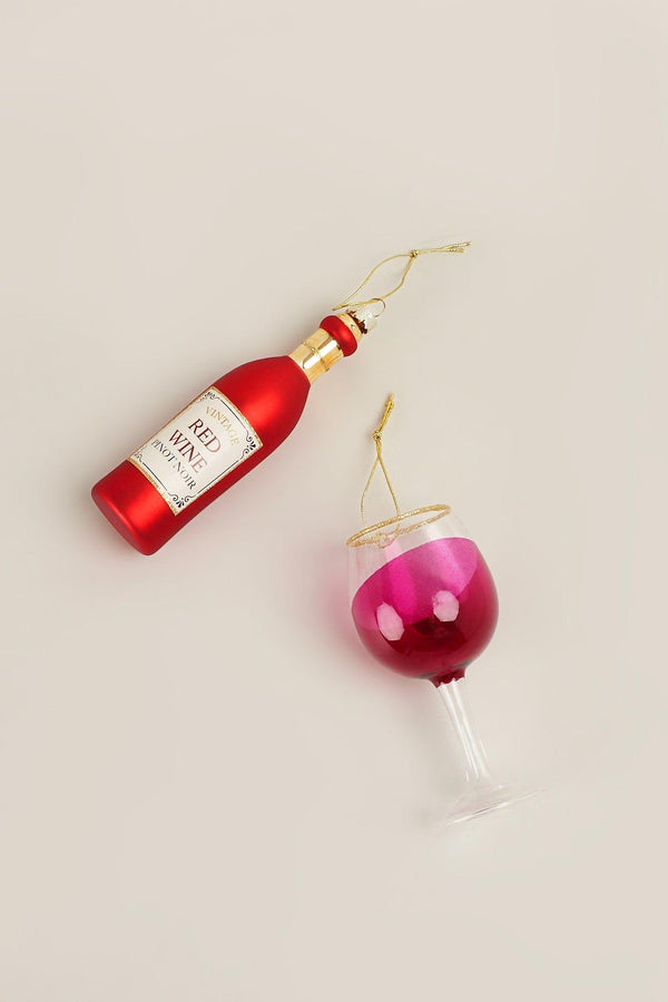 G Decor Vino Celebration Set Of Red Wine Bottle & Glass Christmas Tree Decorations Festive Hanging Ornaments Red