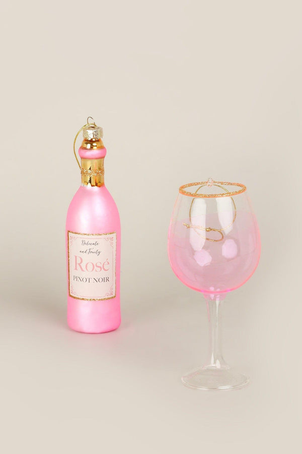 G Decor Vino Celebration Set Of Rosé Wine Bottle & Glass Hand-Finished Christmas Tree Decorations Festive Hanging Ornaments Pink