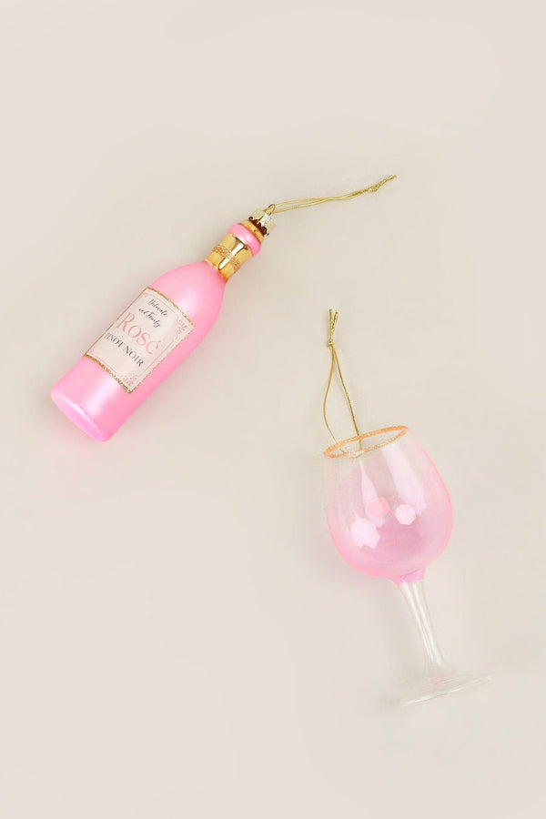 G Decor Vino Celebration Set Of Rosé Wine Bottle & Glass Hand-Finished Christmas Tree Decorations Festive Hanging Ornaments Pink