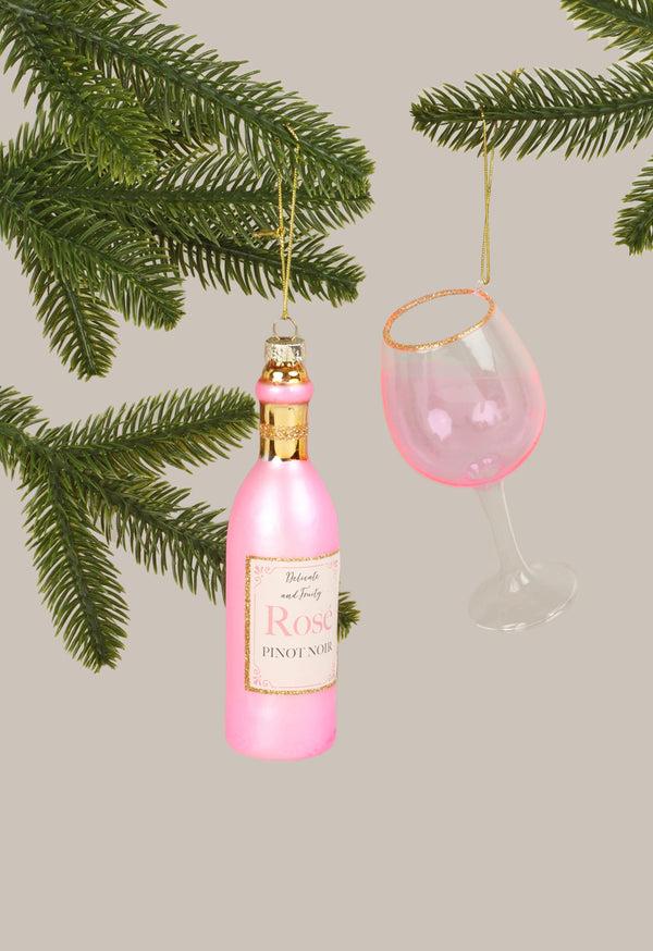g decor Vino Celebration Set of Rosé Wine Bottle & Glass Hand-Finished Christmas Tree Decorations Festive Hanging Ornaments Pink