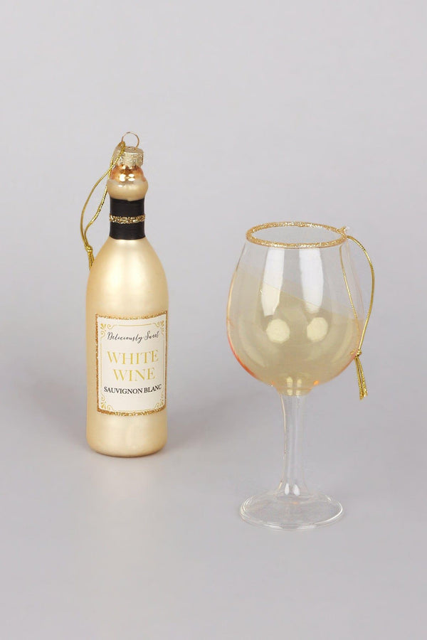 G Decor Vino Celebration Set Of White Wine Bottle & Glass Hand-Finished Christmas Tree Decorations Festive Hanging Ornaments White
