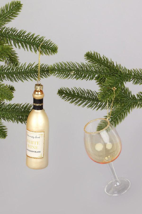 g decor Vino Celebration Set of White Wine Bottle & Glass Hand-Finished Christmas Tree Decorations Festive Hanging Ornaments White