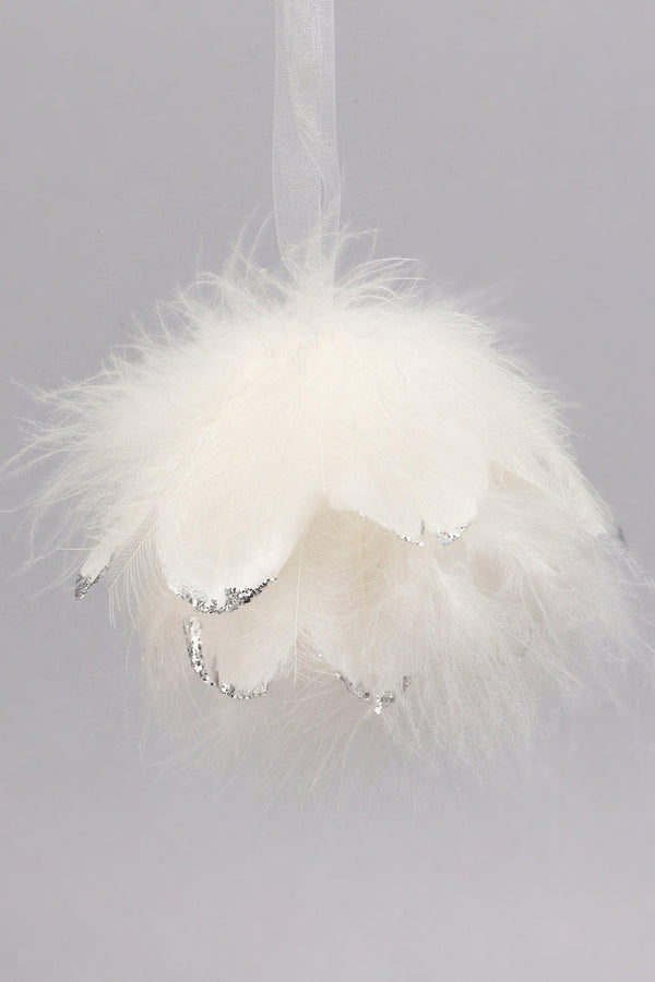 G Decor White Feather Christmas Tree Bauble With Silver Glitter Tips Fluffy Hanging Ornament Small