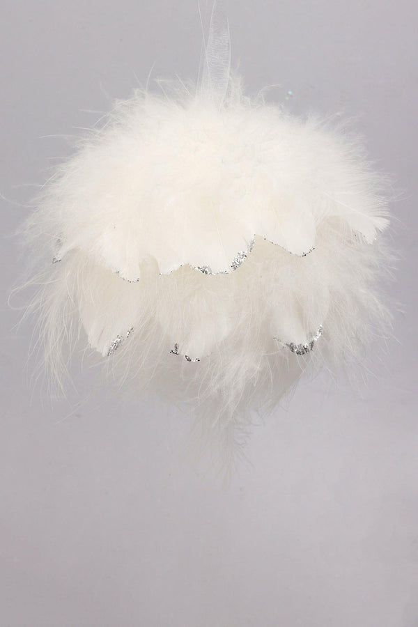 G Decor White Feather Christmas Tree Bauble With Silver Glitter Tips Fluffy Hanging Ornament Small