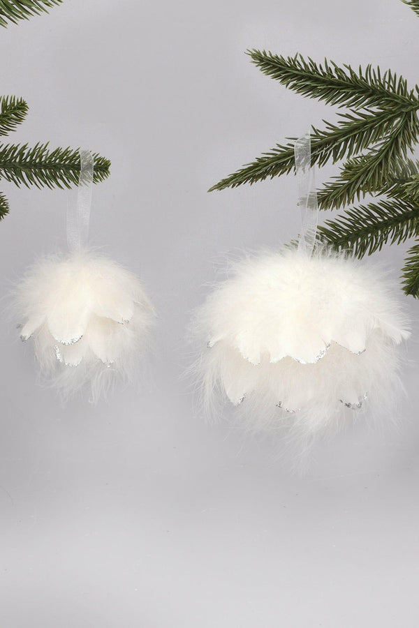 g decor White Feather Christmas Tree Bauble with Silver Glitter Tips Fluffy Hanging Ornament Small