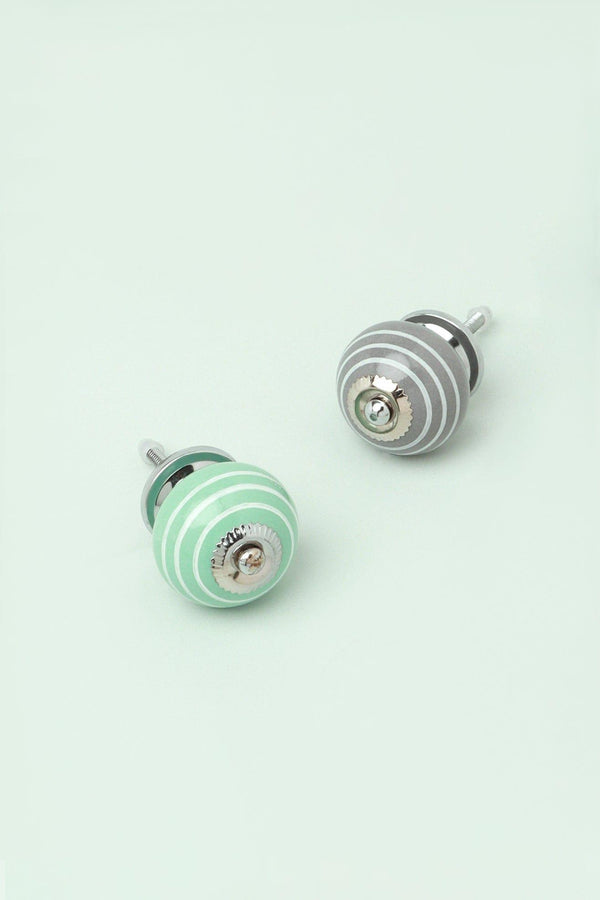 g decor White Striped Handcrafted Ceramic Door Knob In Pastel Grey and Mint Colours Grey