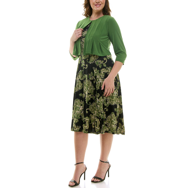 Gabby Skye DANNY & NICOLE MULTI-PANEL CONTRAST PATTERN JACKET DRESS SET - EXCHANGES ONLY AVOCADO/BLACK/IVORY
