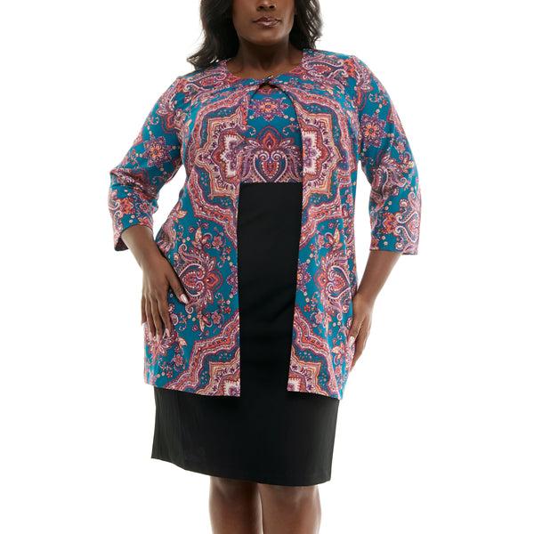 Gabby Skye DANNY & NICOLE MULTI PRINT CREPE CURVE JACKET DRESS SET - EXCHANGES ONLY BLACK/TEAL