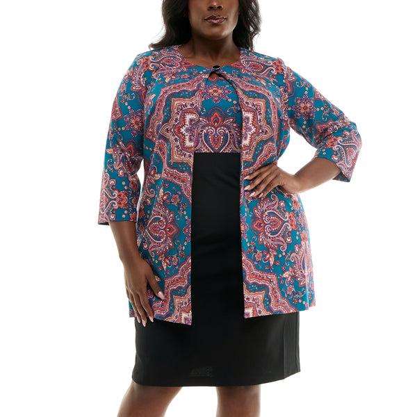 Gabby Skye DANNY & NICOLE MULTI PRINT CREPE CURVE JACKET DRESS SET - EXCHANGES ONLY BLACK/TEAL
