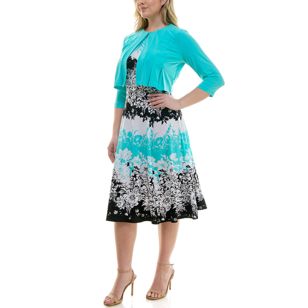 Gabby Skye DANNY & NICOLE MULTICOLOR FLORAL PATTERN JACKET DRESS SET - EXCHANGES ONLY AQUA/IVORY/BLACK
