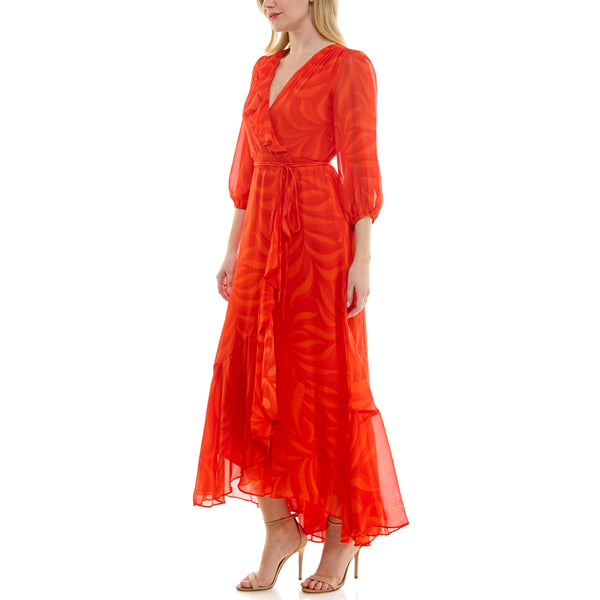 Gabby Skye MAISON TARA ABSTRACT LEAF PRINTED CHIFFON MAXI DRESS TANGERINE MULTI