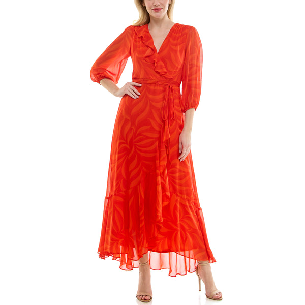 gabby skye MAISON TARA ABSTRACT LEAF PRINTED CHIFFON MAXI DRESS TANGERINE MULTI