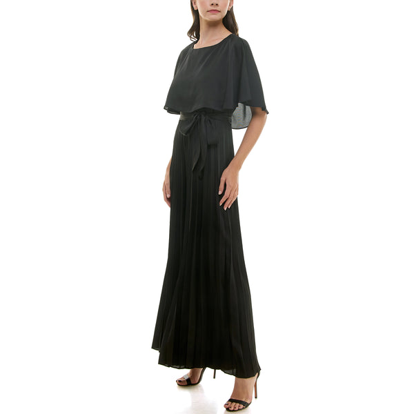 Gabby Skye MAISON TARA ACCORDION PLEATED CAPELET BELT TIE JUMPSUIT BLACK