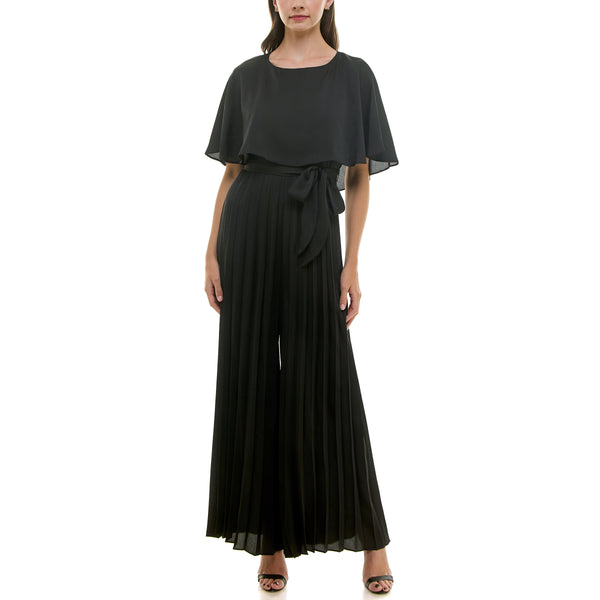 gabby skye MAISON TARA ACCORDION PLEATED CAPELET BELT TIE JUMPSUIT BLACK