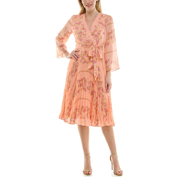 Gabby Skye MAISON TARA ACCORDION PLEATED LONG SLEEVE FLORAL CHIFFON MIDI DRESS PEACH MULTI