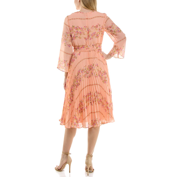 Gabby Skye MAISON TARA ACCORDION PLEATED LONG SLEEVE FLORAL CHIFFON MIDI DRESS PEACH MULTI