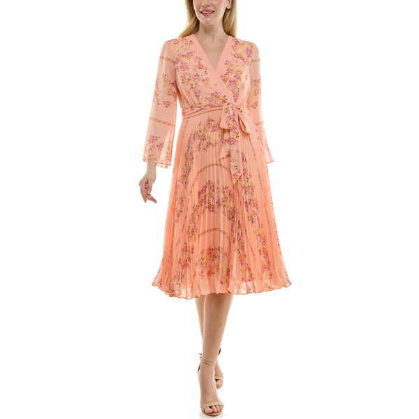 gabby skye MAISON TARA ACCORDION PLEATED LONG SLEEVE FLORAL CHIFFON MIDI DRESS PEACH MULTI