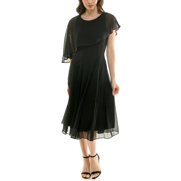 Gabby Skye MAISON TARA ASYMMETRIC CHIFFON CAPELET MIDI DRESS BLACK