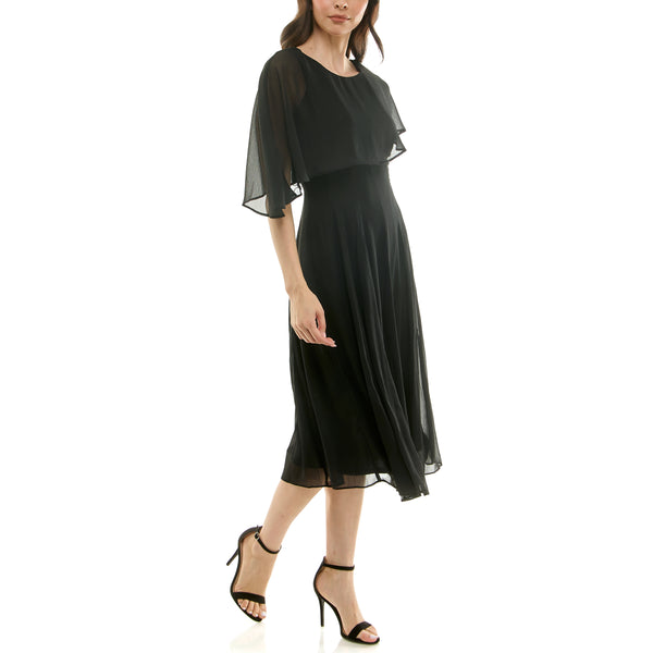 Gabby Skye MAISON TARA ASYMMETRIC CHIFFON CAPELET MIDI DRESS BLACK